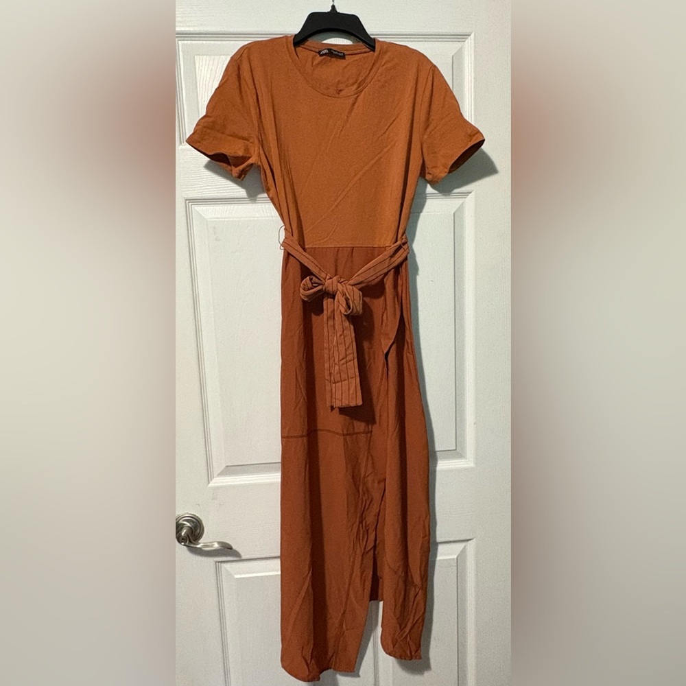 Zara Rust Orange Short Sleeve Tie-Waist Maxi Dress